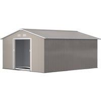 Outsunny 13 x 11ft Garden Metal Storage Shed Outdoor Storage Shed with Foundation Ventilation & Doors, Light Grey