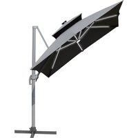 Outsunny 3m Cantilever Parasol, Outdoor Offset Patio Umbrella, Solar LED Lighted Hanging Sun Shade Canopy w/ Tilt and Crank Handle, Cross Base, Grey