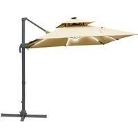 Outsunny 3m Cantilever Roma Parasol Adjustable Garden Sun Umbrella with Solar LED, Tilt and Crank Handle, Cross Base for Lawn, Khaki