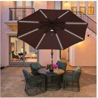 Outsunny 2.7m Garden Parasol Sun Umbrella Patio Summer Shelter w/LED Solar Light, Angled Canopy, Vent, Crank Tilt, Coffee Brown