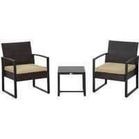 Outsunny 3 Pieces Outdoor Rattan Bistro Set, Patio Wicker Balcony Furniture, Conservatory Sofa Coffee Table and Chairs Sets for Garden, Backyard, Porch, Beige