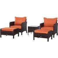 Outsunny 5 Pcs PE Rattan Garden Furniture Set, 2 Armchairs 2 Stools Glass Top Table Cushions Wicker Weave Chairs Outdoor Seating, Brown