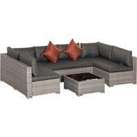 Outsunny Garden Rattan Furniture 6-Seater PE Rattan Sofa Set, Outdoor All Weather Conservatory Furniture, w/ Tempered Glass Coffee Table, Deep Grey