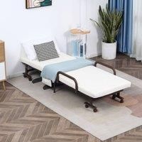 HOMCOM Folding Bed with 8cm Mattress, Portable Foldable Guest Bed with Adjustable Backrest, Metal Frame on Wheels, Brown