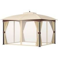 Outsunny 4 x 3(m) Patio Metal Gazebo, Garden Canopy Shelter with Double Tier Roof, Removable Netting and Curtains Marquee Tent, Khaki