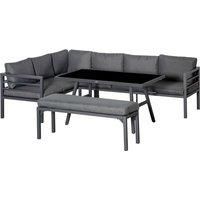 Outsunny 4 Piece L-shaped Garden Furniture Set 8-Seater Aluminium Outdoor Dining Set Conversation Sofa Set w/Bench, Dining Table & Cushions, Grey