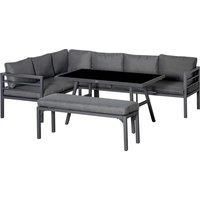 Outsunny 4 Piece L-shaped Garden Furniture Set 8-Seater Aluminium Outdoor Dining Set Conversation Sofa Set w/ Bench, Dining Table & Cushions, Grey