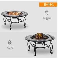 Outsunny 2-in-1 £80cm Outdoor Fire Pit, Patio Heater with Cooking BBQ Grill, Firepit Bowl with Spark Screen Cover, Mosaic Fire Poker for Backyard Bonfire