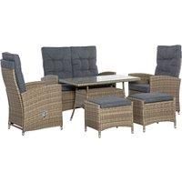 Outsunny 6 Pieces PE Rattan Dining Set, Patio Wicker Conversation Furniture, Tempered Glass Table-top Dining Table w/Storage Layer and Chaise Lounge Chair w/Adjustable Backrest, Mixed Grey