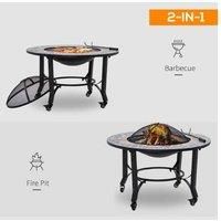 Outsunny 2-in-1 Outdoor Fire Pit on Wheels, Patio Heater with Cooking BBQ Grill, Mosaic Firepit Bowl with Screen Cover, Fire Poker for Backyard Bonfire