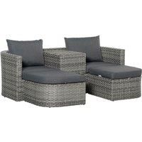 Outsunny Three Pieces Outdoor PE Rattan Sofa Set, Patio Wicker Conversation Double Chaise Lounge Furniture Set w/Side Table, Large Daybed w/Cushion, Mixed Grey