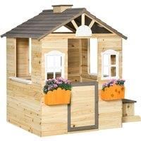 Wooden Kids Playhouse w/ Door, Windows, Bench, For Ages 3-7 Years
