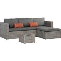 Outsunny PE Rattan Sofa Set Rattan Corner Sofa, 3 Pieces Outdoor Patio Wicker Conversation Chaise Lounge w/ Tempered Glass Table-top & Cushion Grey