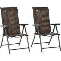 Outsunny Set of 2 Outdoor Wicker Folding Chairs, Patio PE Rattan Dining Armrests Chair set with 7 Levels Adjustable Backrest, for Outdoors, Camping, Red Brown