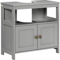 kleankin Pedestal Under Sink Cabinet with Double Doors, Modern Bathroom Vanity Storage Unit with Shelves, Light Grey