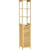 kleankin Bathroom Floor Cabinet with 3 Shelves and Cupboard, Slim and Freestanding Organiser, Tallboy with Storage, Natural