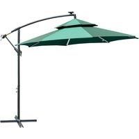 Outsunny 3(m) Cantilever Banana Parasol Hanging Umbrella with Double Roof, LED Solar lights, Crank, 8 Sturdy Ribs and Cross Base for Outdoor, Garden, Patio, Green