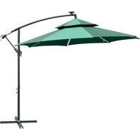 Outsunny 3(m) Cantilever Parasol Banana Hanging Umbrella with Double Roof, LED Solar lights, Crank, 8 Sturdy Ribs and Cross Base Green