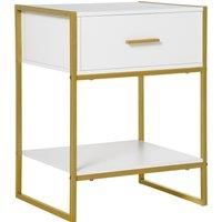 HOMCOM Modern Bedside Table, Bedside Cabinet with Drawer Shelf, Storage Organizer for Bedroom, Living Room, White and Gold