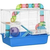 PawHut Hamster Cage with Tubes Tunnel 3 Level Rodent House with Exercise Wheel, Water Bottle, Food Dish, Ramp, Hut 59 x 36 x 47 cm- Blue