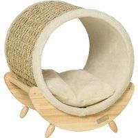 Elevated Cat House Kitten Bed Pet Shelter with Scratcher Cushion, Beige