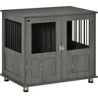 PawHut Dog Crate Furniture, Wooden End Table Furniture with Cushion & Lockable Magnetic Doors, Small Size Pet Kennel Indoor Animal Cage, Grey