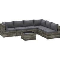 Outsunny 7 Pieces Outdoor PE Rattan Corner Sofa Set, Patio Wicker Conversation Chaise Lounge Furniture w/ Tempered Glass Table-top & Soft Padded Cushion for Garden, Backyard, Lawn, Dark Grey