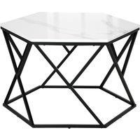 Modern Coffee Table with High Gloss Marble Effect Tabletop Steel Frame White