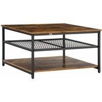 HOMCOM Industrial Coffee Table, Square Cocktail Table with 3-Tier Storage Shelves for Living Room, Rustic Brown
