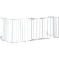 PawHut Pet Safety Gate, 5 Panel Playpen Fireplace Christmas Tree Metal Fence Stair Barrier Room Divider with Walk Through Door Automatically Close Lock White
