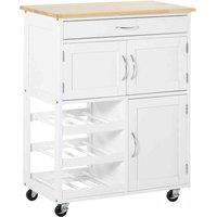 HOMCOM Modern Kitchen Trolley, Rolling Island Storage Cart with Drawer, 9-bottle Wine Rack, Door Cabinets, Wooden Countertop, White