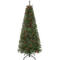 HOMCOM 5ft Pencil Artificial Christmas Tree with Realistic Branches, Red Berries, Auto Open, Green