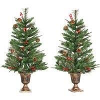 HOMCOM 2 Pieces Set 3 Ft Artificial Christmas Tree with 110 Realistic Branches, Pine Cones, Red Berries, Gold Pot, for Doorway, Porch, Green