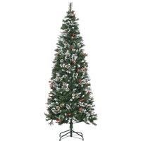 Snow Tipped Slim Artificial Christmas Tree with Red Berries and Pine Cones 7ft, Green