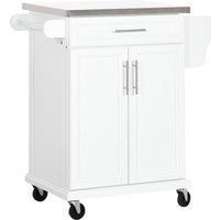 HOMCOM Wooden Kitchen Island on Wheels, Serving Cart Storage Trolley with Stainless Steel Top, Drawer, Side Handle and Rack, White