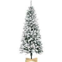 HOMCOM 5 Foot Snow Flocked Artificial Christmas Tree, Xmas Pencil Tree with 426 Realistic Branches, Auto Open, Pinewood Base, Green