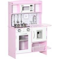 HOMCOM Wooden Play Kitchen with Lights Sounds, Kids Kitchen Playset with Water Dispenser, Microwave, Utensils, Sink, Gift for 36 Years Old, Pink