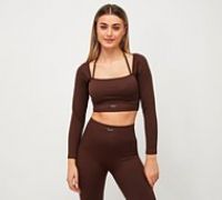 Forena Womens Faye Ribbed Seamless Long Sleeve Halter Top - Brown - Size S/M