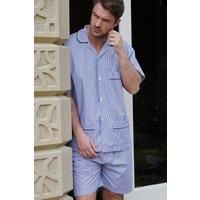 British Boxers Men's "Navy Pinstripe" Crisp Cotton Short Pyjama Set in Mid Navy | Size: Medium
