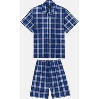 British Boxers Men's "Chester Blue on Blue" Check Crisp Cotton Short Pyjama Set in Dark Blue | Size: Medium