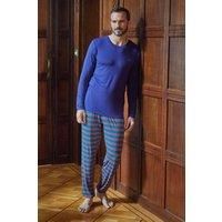 British Boxers Men's "Orange Squash" Stripe Bamboo Pyjama Set in Blue | Size: Medium