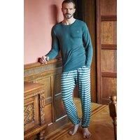 British Boxers Men's "Pine Forest" Stripe Bamboo Pyjama Set in Green | Size: Medium
