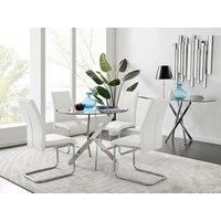 Novara Clear Tempered Glass 100cm Round Dining Table with Chrome Starburst Legs & 4 Lorenzo Faux Leather Chairs