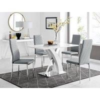 Atlanta White High Gloss and Chrome 4 Seater Dining Table with X Shaped Legs and 4 Faux Leather Milan Chairs