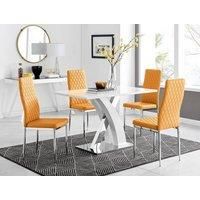 Atlanta White High Gloss and Chrome 4 Seater Dining Table with X Shaped Legs and 4 Faux Leather Milan Chairs