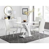 Atlanta White High Gloss and Chrome 4 Seater Dining Table with X Shaped Legs and 4 Faux Leather Milan Chairs
