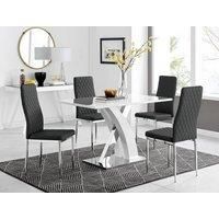 Atlanta White High Gloss and Chrome 4 Seater Dining Table with X Shaped Legs and 4 Faux Leather Milan Chairs