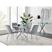 Novara Clear Tempered Glass 100cm Round Dining Table with Chrome Starburst Legs & 4 Pesaro Velvet Silver Leg Chairs