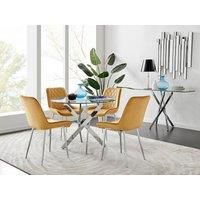NOVARA Chrome Round Glass Dining Table and 4 Luxury Velvet Dining Chairs