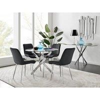 NOVARA Chrome Round Glass Dining Table and 4 Luxury Velvet Dining Chairs